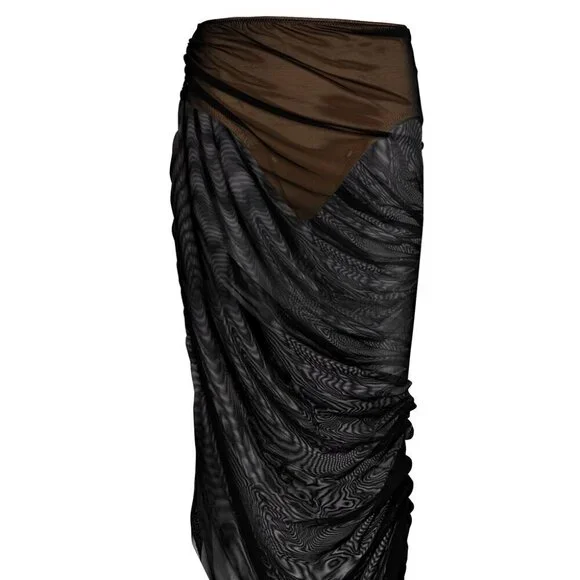 Norma Kamali Diana Ruched Mesh Maxi Skirt Black Nude - Picture 7 of 9